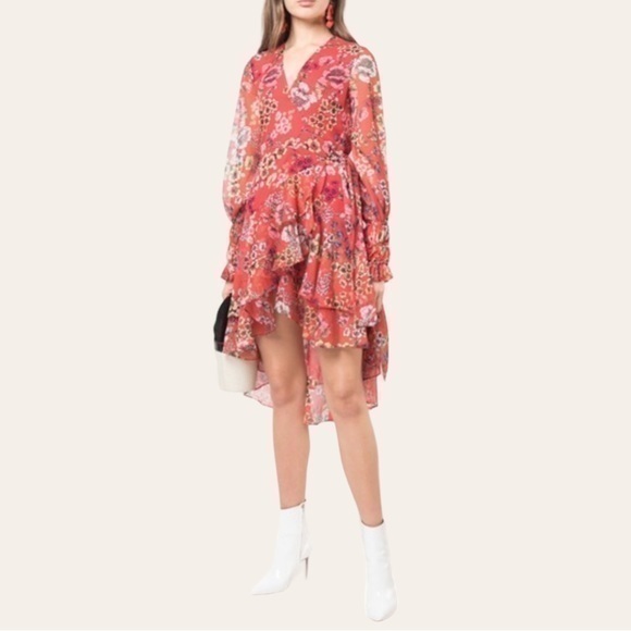 Alexis Sidony Dress Eden Floral Red Ruffled Crepe Dress 💕